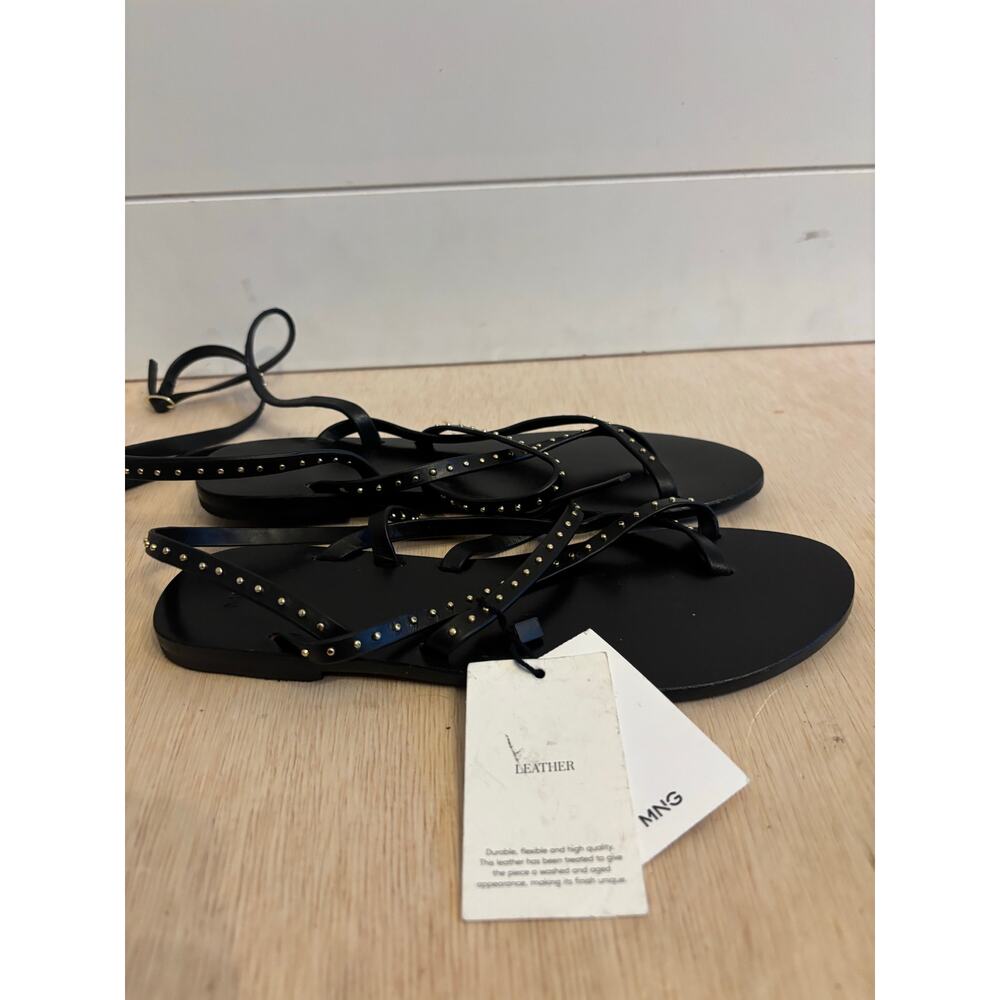 Mango Women’s Leather Strappy Sandals Studded Black Buckle Size 7.5 NWOB